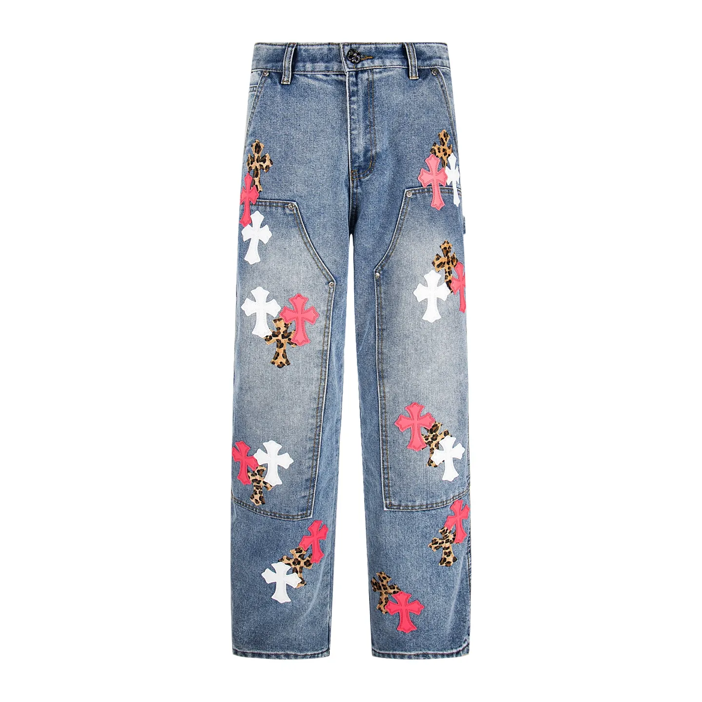 P260 Chrome Hearts | Chrome Hearts CH Chrome Hearts blue and white multi-color leather-splashed denim American work trousers. Full set of hardware molding. Hand-made tassels on the hem with frayed and damaged design. White genuine leather and then patching. Genuine Levi's jeans base plate. Disassembled and spliced. Heavy industrial washing. The upper body is stylish and handsome. The brand recognition is very clear, which greatly highlights the overall sense of style. The overall craftsmanship is impeccable. A pair of trousers. Same style for men and women. Style number: 1732# Size: 28 30 32 34 36